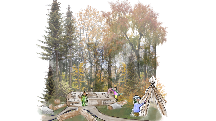 Illustration skogslek och koja