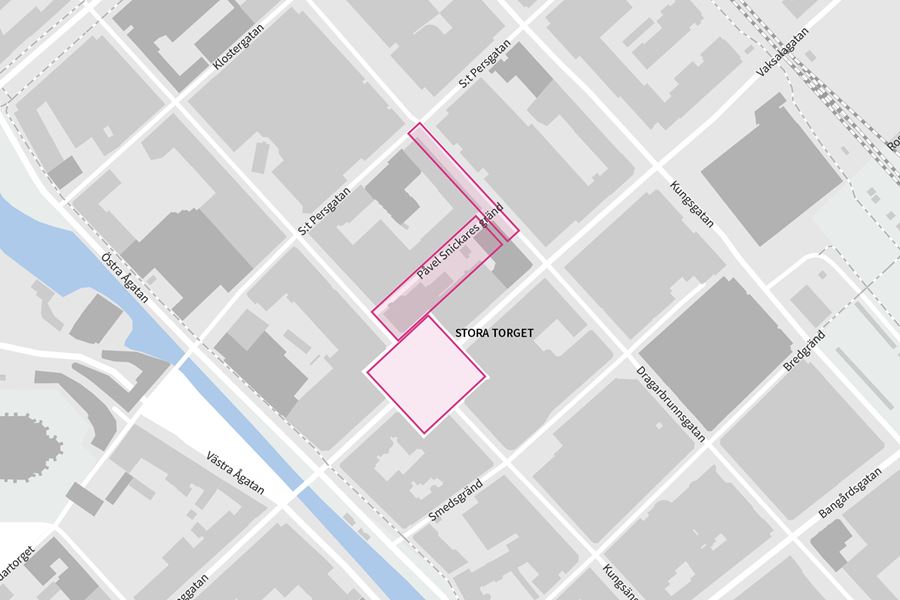 Karta över centrala Uppsala som markerar Stora torget och Påvel Snickares gränd och Dragabrunnsgatan.