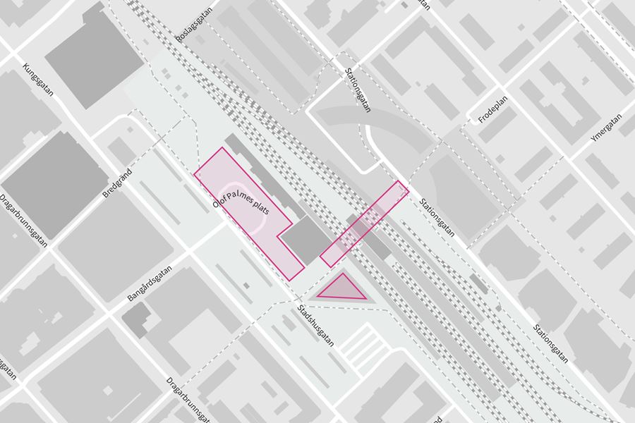 Karta som markerar ut centralpassagen, cykelparkeringshuset och Olof Palmes plats.