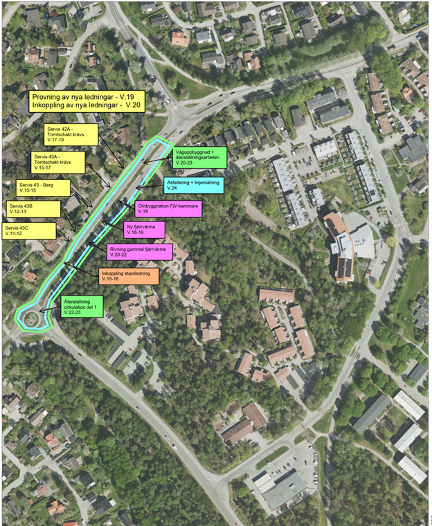 Arbeten som återstår under april-juni är markerade på en karta och visar bland annat fastigheter som ska få återanslutning till huvudnätet