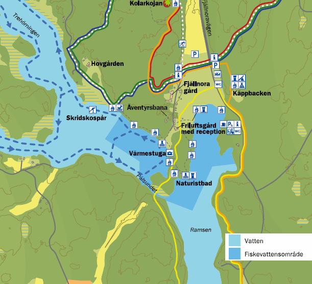 Karta som visar var du får fiska i Fjällnoras vatten