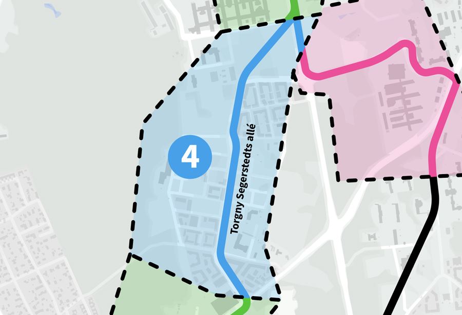 Etapp 4 omfattar Torgny Segerstedts allé från korsningen Husargatan/Dag Hammarskjölds väg till Vårdsätravägen.