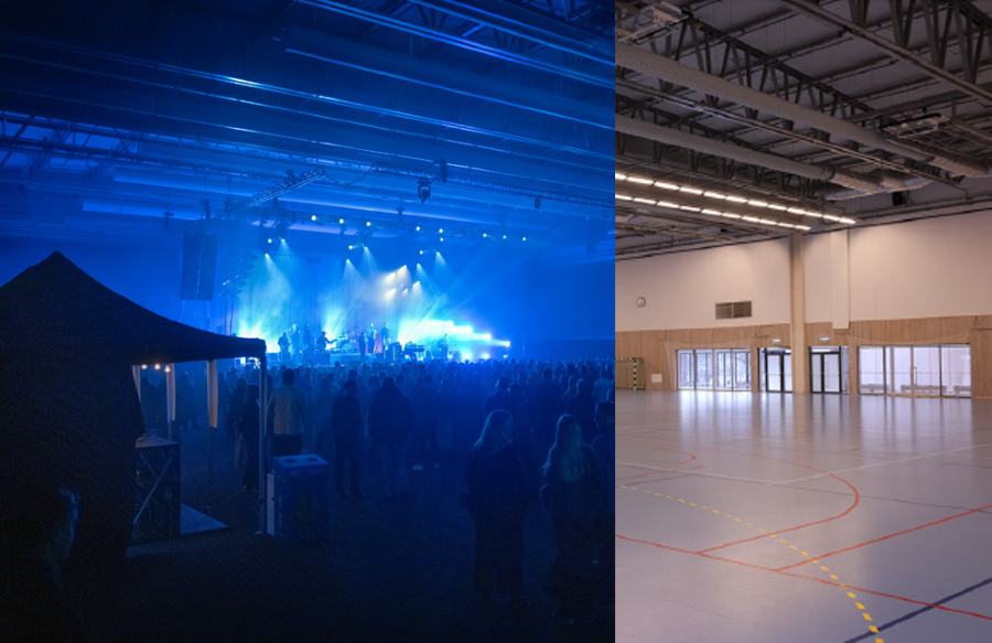 Bildcollage av två bilder som visar Fyrishovs hall D och C som dels konsertlokal dels idrottshall.