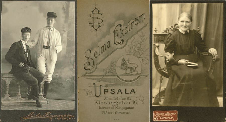 Äldre porträttfoton av tre personer.