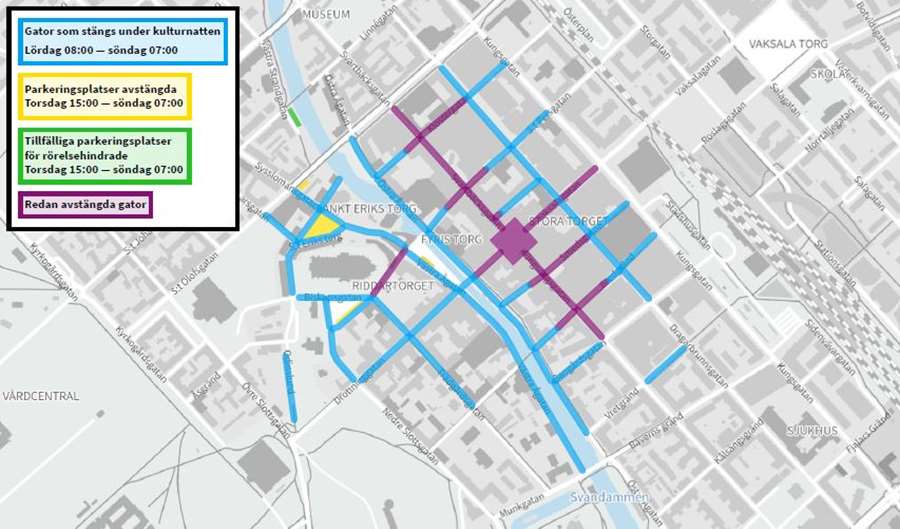 Grafisk karta över avspärrade delar av Uppsala under kulturnatten 2024