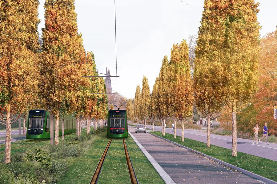 Visionsbild av två spårvagnar som möts på Dag Hammarskjölds väg. Mellan spåren är det gräsmatta.