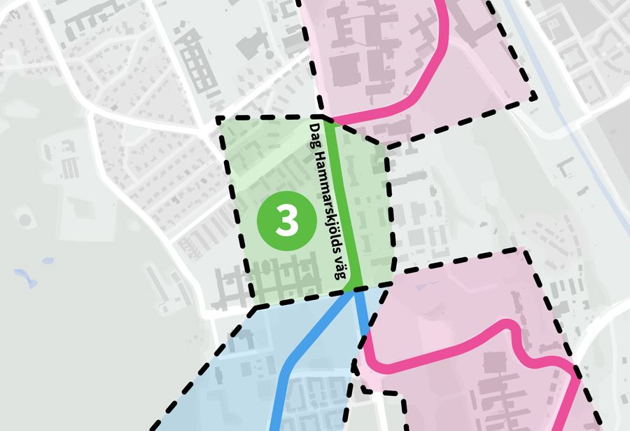 Etapp 3 omfattar flytt av ledningar på Dag Hammarskjölds väg från korsningen Sjukhusvägen till korsningen Husargatan.