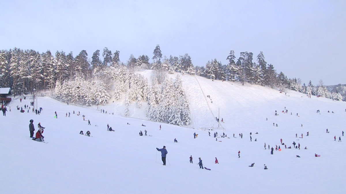 Pulkaåkare i Sunnerstagropen i Sunnerstaåsens friluftsområde.