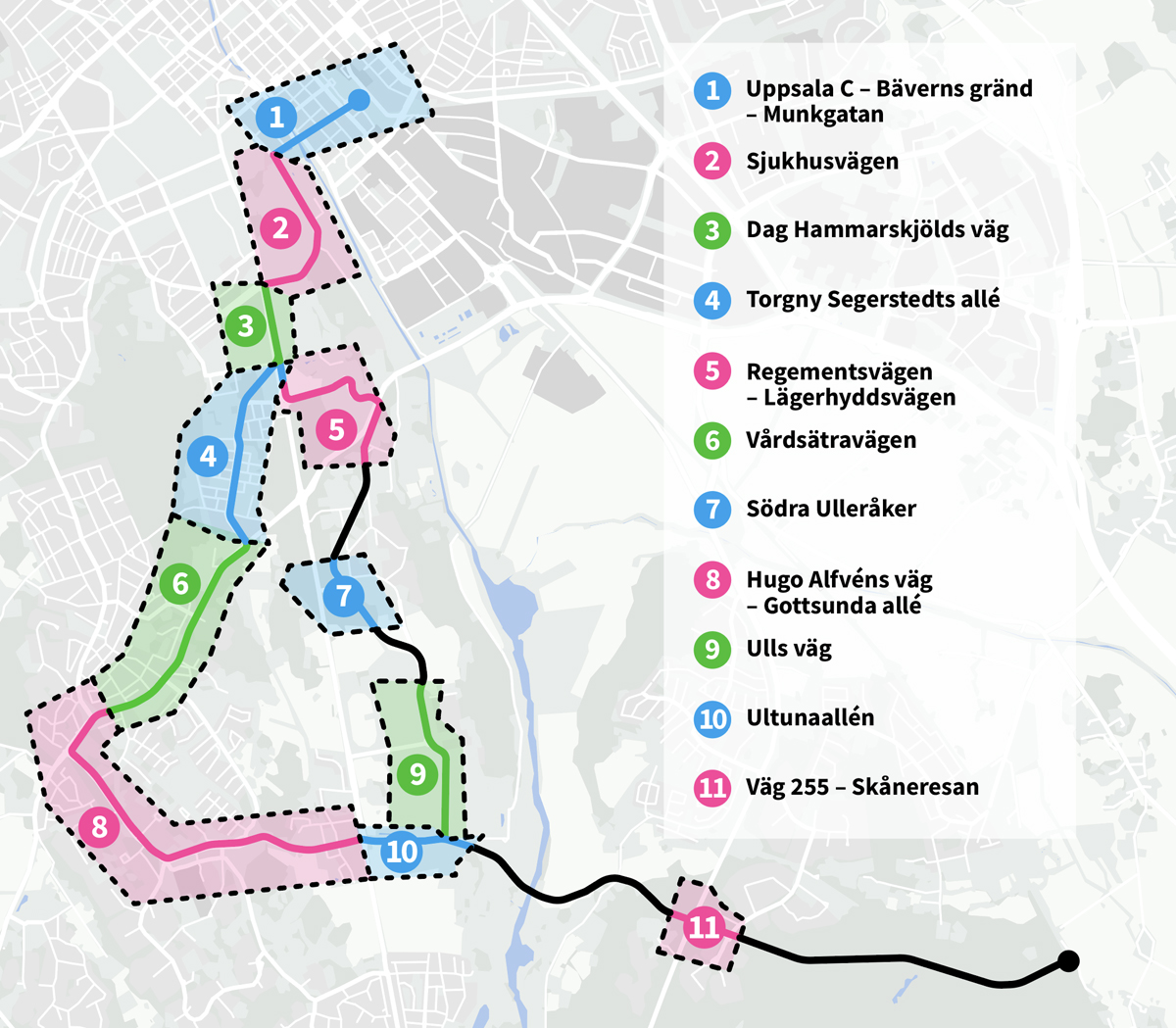 Karta som visar de olika etapperna för arbetet med spårvägen.